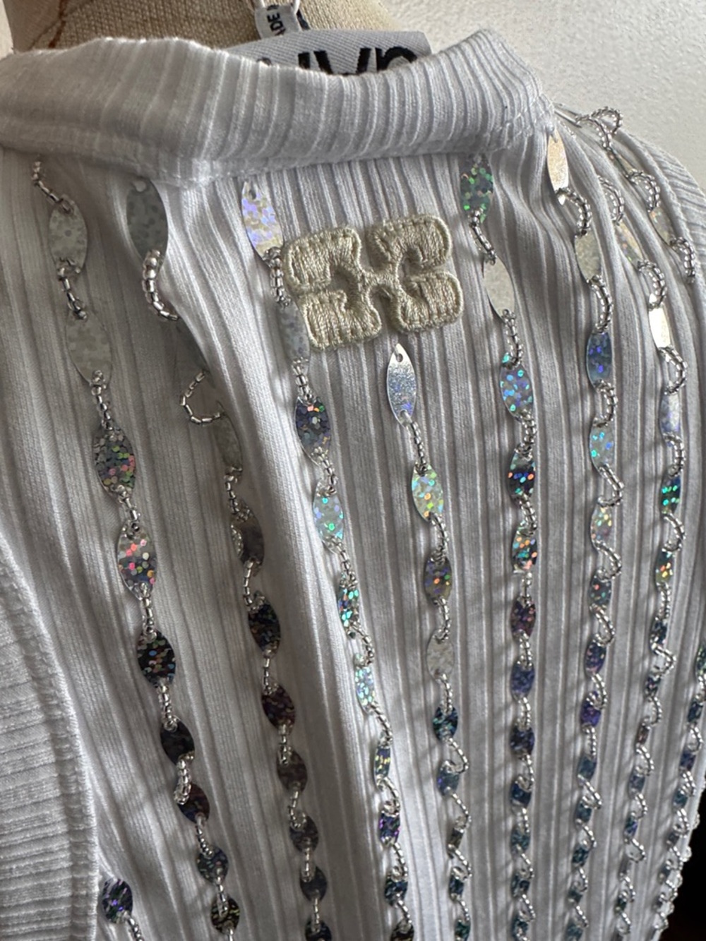 Ganni White Ribbed beaded and sequence tank - Picture 3 of 5